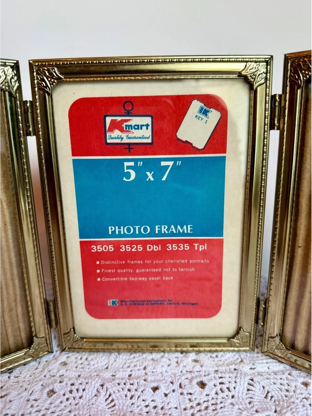Vintage Kmart Gold Triple 5x7 Picture Frame Folding Ornate S.S. Kresge